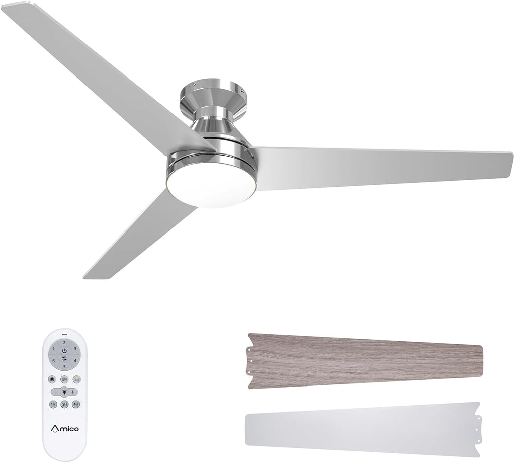 Ceiling Fans with Lights, 52 inch Low Profile Ceiling fan with Light and Remote Control, Flush Mount, Reversible, 3CCT, Dimmable, Noiseless, Nickel Ceiling Fan for Bedroom, Indoor/Outdoor Use