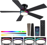 46In RGB Ceiling Fans with Lights - Black Flush Mount Ceiling Fan Light with Remote/APP, RGB+3CCT 6 Wind Speeds, Modern Low Profile Fan Light Fixture for Party, Kid's Room
