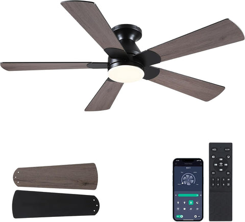 Flush Mount Ceiling Fan with Lights - 52Ó Indoor/Outdoor Ceiling Fan Light with Remote/APP, Low Profile Modern Fan Light with 6 Speeds, Dimming, for Living Room, Brown