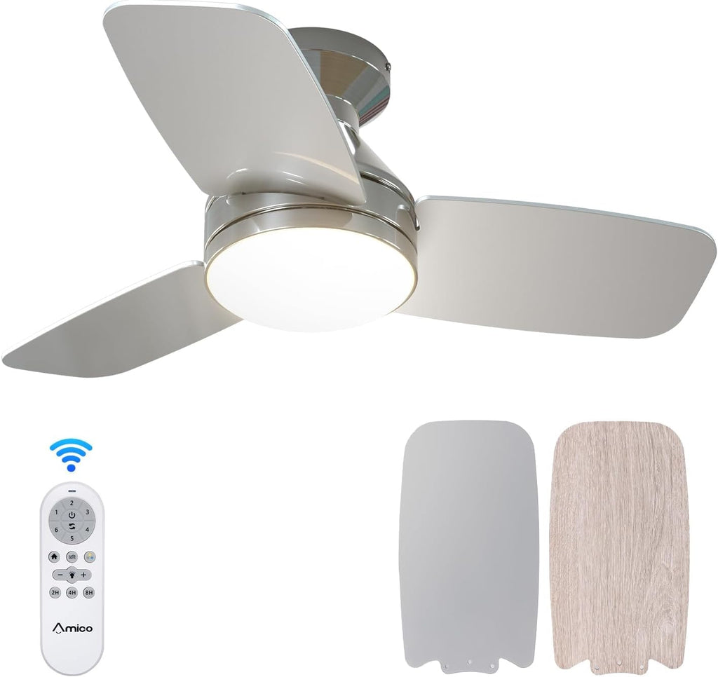 Ceiling Fans with Lights, 30 inch Low Profile Ceiling Fan with Light and Remote Control, Flush Mount, Reversible, 3CCT, Dimmable, Noiseless, Nickel Ceiling Fan for Bedroom, Indoor/Outdoor Use