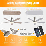 Ceiling Fans with Lights, 52 Inch Low Profile Ceiling Fan with Light and Remote Control,Reversible, 3CCT, Dimmable, Quiet, Brushed Nickel Ceiling Fan for Bedroom Indoor/Outdoor Use