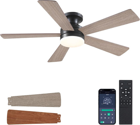 Flush Mount Ceiling Fan with Lights - 46IN Modern Indoor/Outdoor Ceiling Fan Light with Remote/APP, Low Profile Fan Light with 6 Speeds, Dimming, for Bedroom, Living Room, Brown