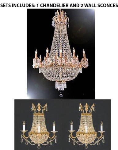 Set Of 3- French Empire Crystal Chandelier Chandeliers H40" X W30" 15 Lights And 2 Crystal Trimmed Wall Sconce Empire Crystal Wall Sconce Lighting W18" H23" D10" - A500-1Ea 1280/10+5 + 2Ea CG/1/8/Wallsconce