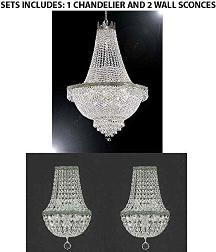 Set Of 3 - 1 French Empire Crystal Chandelier Lighting - Great For The Dining Room Foyer Living Room H36" X W30" And 2 Empire Crystal Wall Sconce Lighting W9.5" H18" D5" - 1Ea Cs/870/14 + 2Ea Cs/4/5/Wallsconce