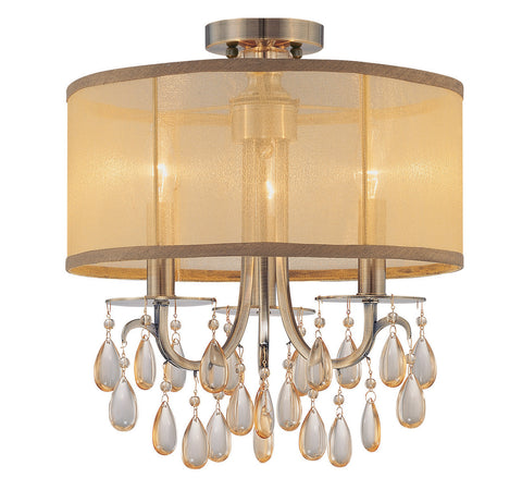 3 Light Antique Brass Transitional Ceiling Mount Draped In Etruscan Smooth Teardrop Almond Crystal - C193-5623-AB_CEILING