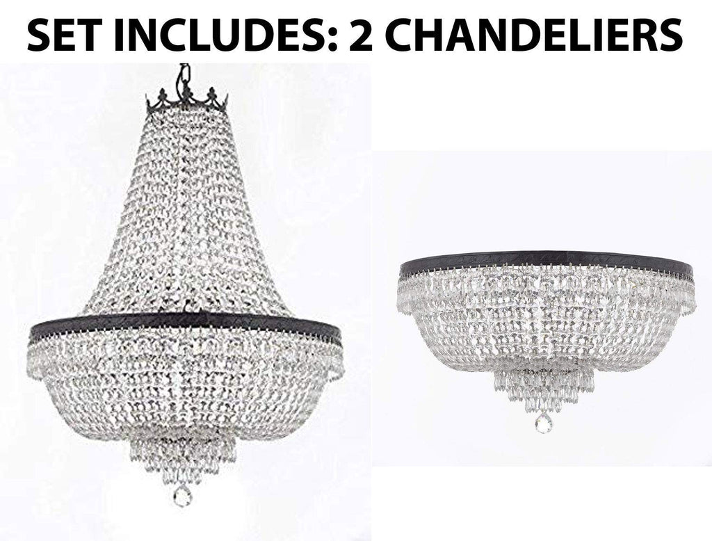Set of 2-1 French Empire Crystal Chandelier Lighting H36" X W30" W/Dark Antique Finish! and 1 French Empire Crystal Flush Chandelier Lighting H21" X W30" w/Dark Antique Finish! - 1EA CB/870/14 + 1EA FLUSH/CB/870/14 A500-