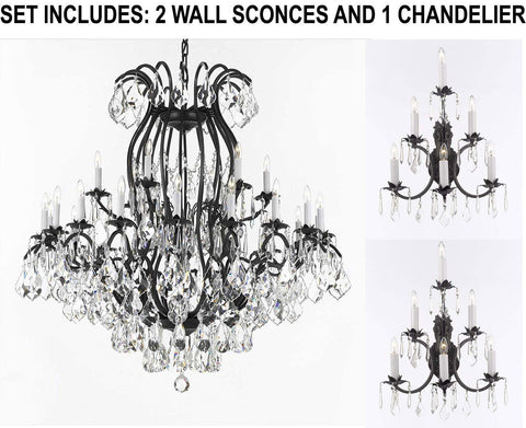 Set of 3-2 Wrought Iron Wall Sconce Crystal Lighting 3 Tier Wall Sconces W16 x H24 and 1 Wrought Iron Crystal Chandeliers Lighting Empress Crystal (TM) H46 W46 Perfect for an Entryway Or Foyer! - 2EA A500-6/3034 + 1EA A500-3034/18+6