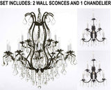 Set of 3-2 Wrought Iron Wall Sconce Crystal Lighting 3 Tier Wall Sconces W16 x H24 and 1 Wrought Iron Chandelier Crystal Chandeliers Lighting H36 X W36 - 2EA A500-6/3034 + 1EA A500-3034/10+5